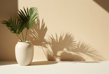 Fototapeta na wymiar a white vase with palm tree outdoors near wall, in the style of light brown and light beige, minimalist backgrounds