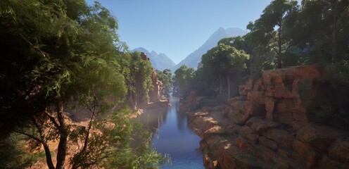 A serene river flowing through a rocky canyon, surrounded by lush greenery under a clear blue sky, with distant mountains enveloping the scene. Photorealistic 3D illustration.