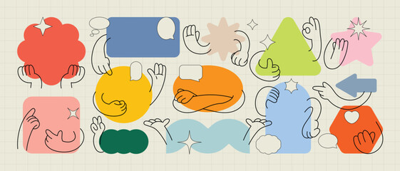 Set of Geometric shape characters, doodle hands, talk bubble texts, in basic style with elements on paper background. Vector illustration for branding, packaging, prints and social media posts.