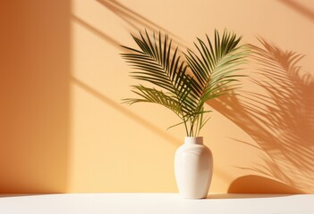 Fototapeta premium a white vase with palm tree outdoors near wall, in the style of light brown and light beige, minimalist backgrounds