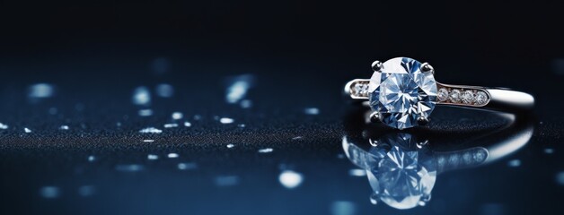 a diamond ring on a blue surface. wedding diamond ring. wedding panoramic banner. - obrazy, fototapety, plakaty
