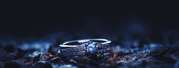 a diamond ring on a blue surface. wedding diamond ring. wedding panoramic banner. - obrazy, fototapety, plakaty