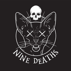 Black cat nine deaths with skull t-shirt print witch familiar spirit halloween or pagan witchcraft theme design vector illustration