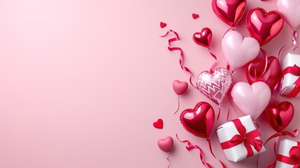 Valentine's day background with red and pink hearts like balloons and gifts on pink background