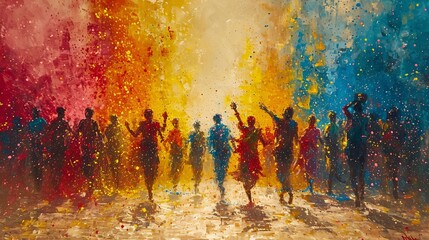 Colorful Celebration: A Vibrant Painting of People Dancing in the Rain Generative AI