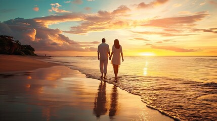 Beachside Love. Romantic beach setting, with a couple enjoying a serene sunset or a walk along the shoreline.