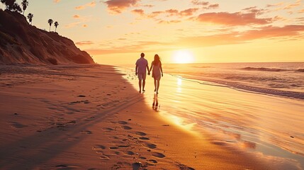 Beachside Love. Romantic beach setting, with a couple enjoying a serene sunset or a walk along the shoreline.