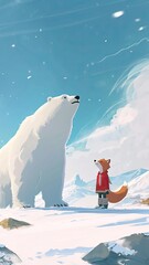 Cartoon style, The young polar bear, now an adult, encounters an arctic fox during a solitary journey.