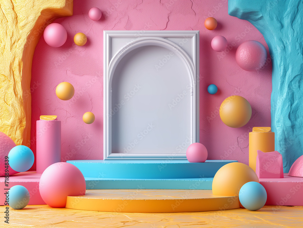 Aufkleber 3d empty mockup frame set against an abstract background. pastel colored spheres and geometric shape