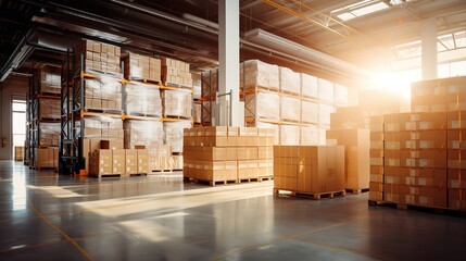 Stacks of cardboard boxes in a factory. generative AI