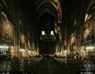 Majestic Strasbourg Notre-Dame cathedral wide image of the beautifully decorated interior for the winter holidays with big suspended organ