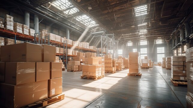 Stacks of cardboard boxes in a factory. generative AI