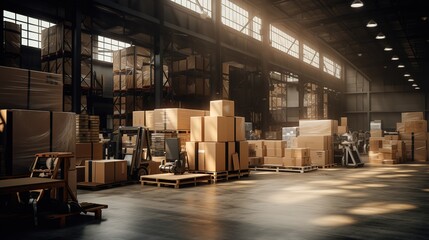Pile of cardboard inside the goods delivery warehouse. generative AI