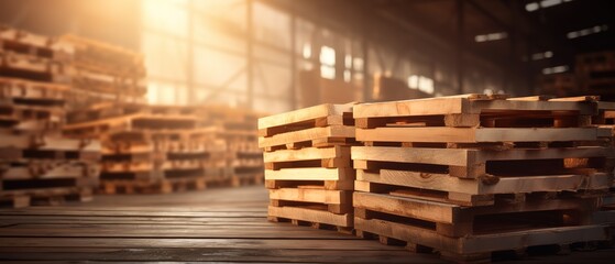 Pile of Pallet wood inside the factory with bright spotlight effect from above. generative AI