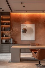 A modern office space featuring artistic wall decor and stylish furnishings