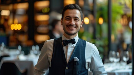 Fototapeta premium waiter man in uniform serve and get order in ruxury restaurant