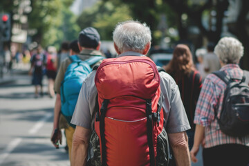 backpack hiking weighted backpack walking, senior people walking on the street Senior couple hiking together with backpacks in an urban environment