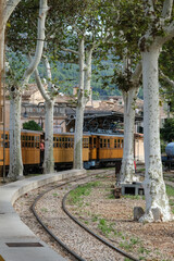 Fototapeta na wymiar Historic train railway from Palma de Mallorca to Soller on Balearic Island named Orange Express scenic ride journey time travel like a century 100 years ago