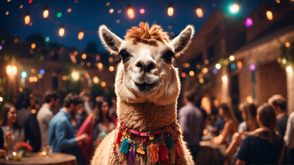 A llama at a people's party. Generative AI - obrazy, fototapety, plakaty