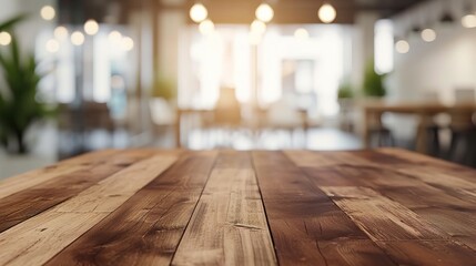 Wood table top and blurred bokeh office interior space background