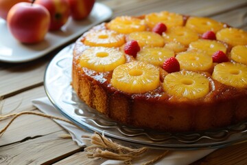 Crushed pineapple upside down cake flat lay A freshly baked pineapple upside-down cake with...