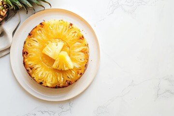 Crushed pineapple upside down cake minimalism A freshly baked pineapple upside-down cake with caramelized sugar glaze and raspberries