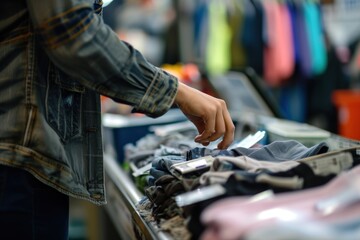 Customer paying for clothes at checkout secondhand shopping minimalism