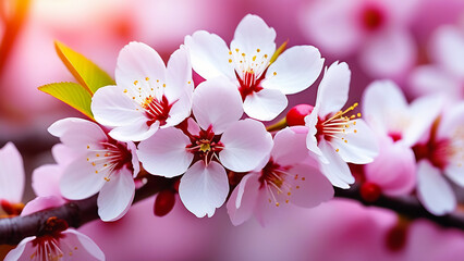 Cherry blossoms flowers in blooming on branch on pink background. Spring and romantic Sakura, apple tree. Background banner