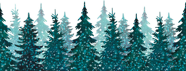 Seamless watercolor border, winter forest