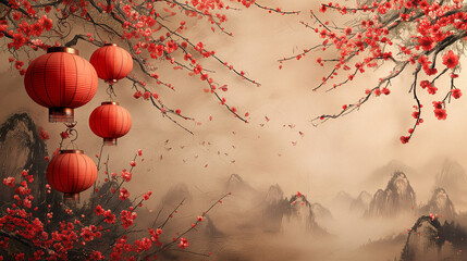 Spring Festival couplets, known as 'Chunlian' in Chinese, are poetic expressions of good wishes, hung on doorways to usher in prosperity and blessings during the festive season. - obrazy, fototapety, plakaty