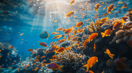 Fototapeta na wymiar Underwater Oasis Fish Frenzy in a Sun-Kissed Reef