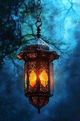 An ornate Arabic lantern glowing amidst a mystical forest setting, evoking a sense of wonder