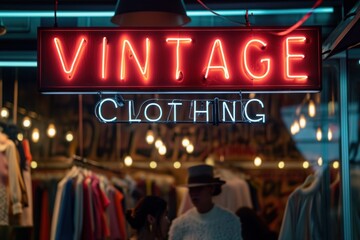 Neon sign "VINTAGE CLOTHING" with a few customers browsing in the background at market mock up
