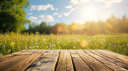 wooden table top product display with a fresh summer sunny blue sky with warm bokeh background with green grass meadow foreground
