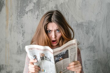 Pretty woman reading tabloid newspaper with anxious and scared face expression, fake news, panic, shocking stories, scaremongering - obrazy, fototapety, plakaty