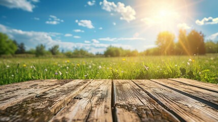 wooden table top product display with a fresh sunny Easter background of blue sky and warm bokeh with green grass meadow foreground - Powered by Adobe