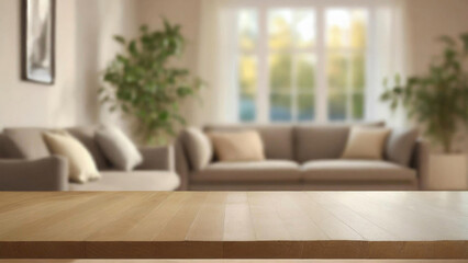 Empty wooden table top on blur living room background, Mockup banner for display of advertise product