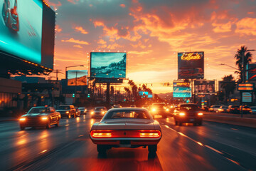 Vintage muscle car redesigned as electric on a vibrant sunset boulevard - obrazy, fototapety, plakaty