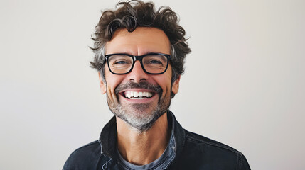 Obraz premium Very happy laughing man with glasses in front of white background with copy space