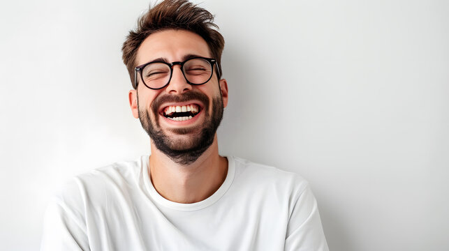 Very happy laughing man with glasses in front of white background with copy space
