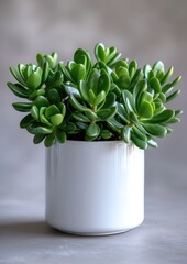 Against a white canvas, a 'Crassula ovata', commonly known as jade plant, in a cylindrical white ceramic pot, focusing on its thick, shiny, and smooth leaves