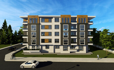 3D render of 5 floor of apartment black, white and wood colour and textures. People, trees, cars and garden wall renders. 3D rendering.