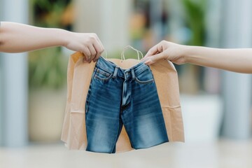 Select focus of one hand is passing a craft paper bag with blue jeans to the other hand. Concept of thrift stores, resale, second hand minimalism