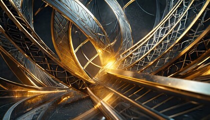 abstract background.A harmonious interplay of abstract metal shapes against a tech-inspired background, bathed in a luminous golden light, conveying a sense of sophistication and cutting-edge design.