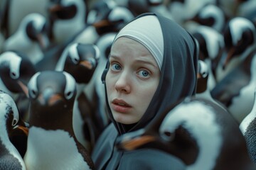 Close-up portrait of a surprised looking woman surrounded by penguins