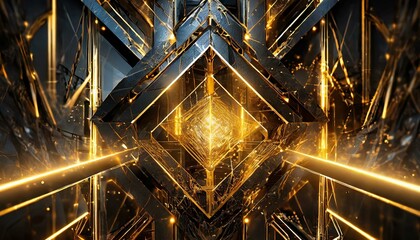 A harmonious interplay of abstract metal shapes against a tech-inspired background, bathed in a luminous golden light, conveying a sense of sophistication and cutting-edge design.