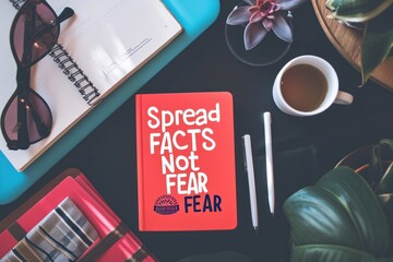 Top view flat lay "Spread FACTS Not FEAR" text minimalism