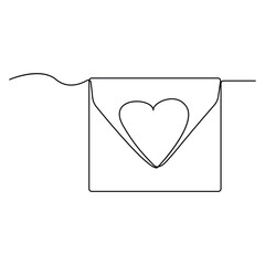 Continuous one line drawing of envelope with heart. Template for love cards and invitations. Love letter. Vector illustration.
