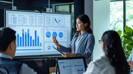 Young businesswoman presenting data analysis dashboard on TV screen in modern meeting. Business presentation with group of business people in conference room