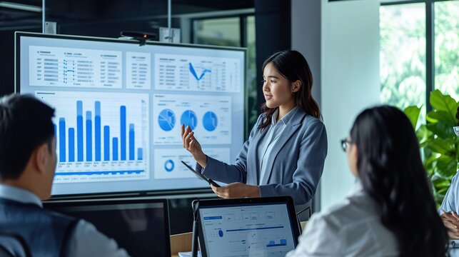 Young businesswoman presenting data analysis dashboard on TV screen in modern meeting. Business presentation with group of business people in conference room